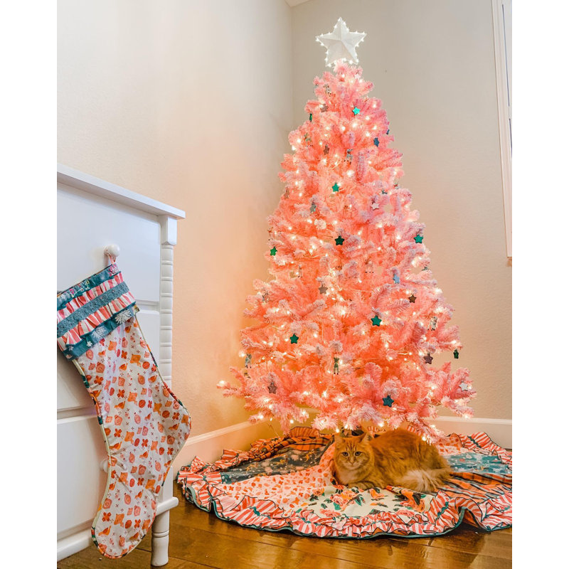 The Holiday Aisle Pink Flock Artificial Christmas Tree with 500 White Pink Flock Christmas Tree